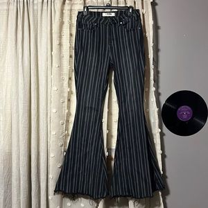 Black and gray striped rock and roll denim high rise bell bottoms